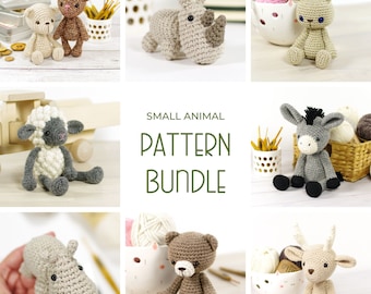 Amigurumi Animal Pattern Bundle - Eight Small Crochet Animal Patterns - Bunny, Teddy Bear, Sheep, Hippo, Donkey, Deer, Rhino