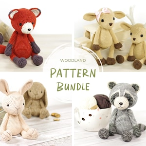 Amigurumi Woodland Crochet Pattern Bundle - Four Stuffed Animal Patterns - Fox, Deer, Bunny, and Raccoon
