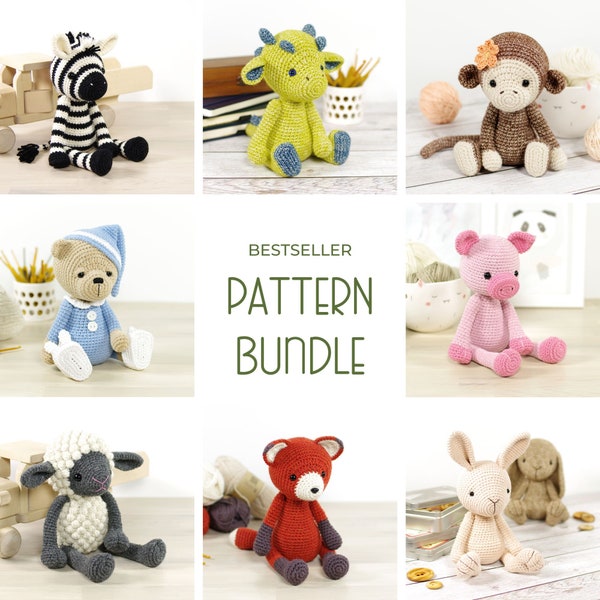 Crochet Pattern Bundle - Eight Amigurumi Animal Patterns - Sheep, Pig, Dragon, Fox, Bunny, Teddy Bear, Monkey and Zebra - PDF in English