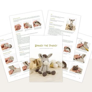 May include: A crochet pattern document titled Barney the Donkey featuring a beige and brown stuffed donkey toy on the cover, surrounded by multiple pages of instructional text and step-by-step photographs showing the assembly of the toy.
