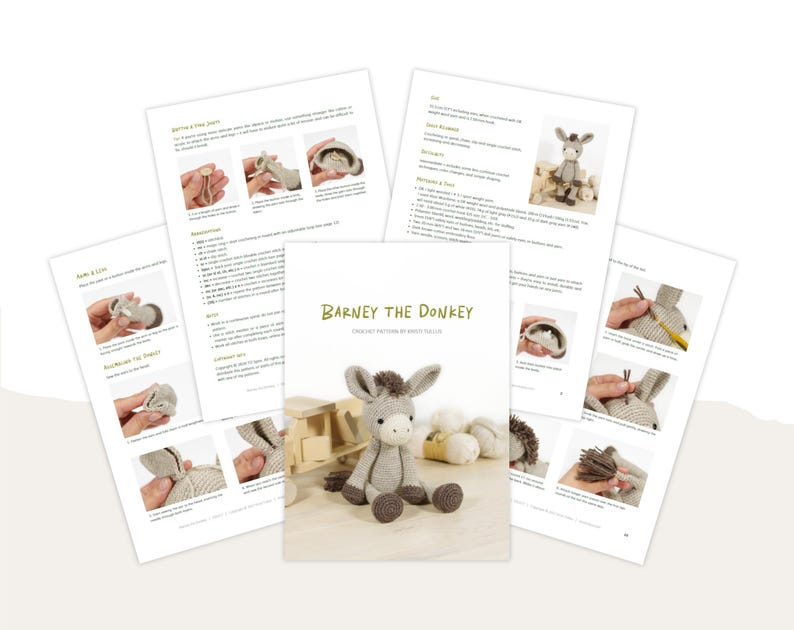 May include: A crochet pattern document titled Barney the Donkey featuring a beige and brown stuffed donkey toy on the cover, surrounded by multiple pages of instructional text and step-by-step photographs showing the assembly of the toy.