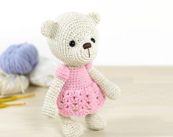 Amigurumi Teddy Bear Crochet Pattern - Girly Stuffed Animal in a Dress (PDF in English)