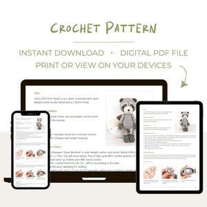 May include: Crochet pattern for a raccoon amigurumi toy. The pattern includes instructions for making a 10-inch tall raccoon using sport weight cotton and acrylic yarn. The pattern also includes a list of tools and materials needed for the project.
