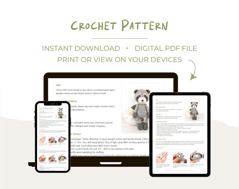 May include: Crochet pattern for a raccoon amigurumi toy. The pattern includes instructions for making a 10-inch tall raccoon using sport weight cotton and acrylic yarn. The pattern also includes a list of tools and materials needed for the project.