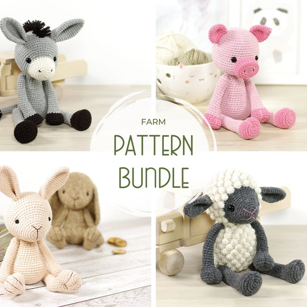 Crochet Pattern Bundle - Four Amigurumi Animal Pattern - Sheep, Bunny, Pig and Donkey - Amigurumi Farm Animal Pattern Combo