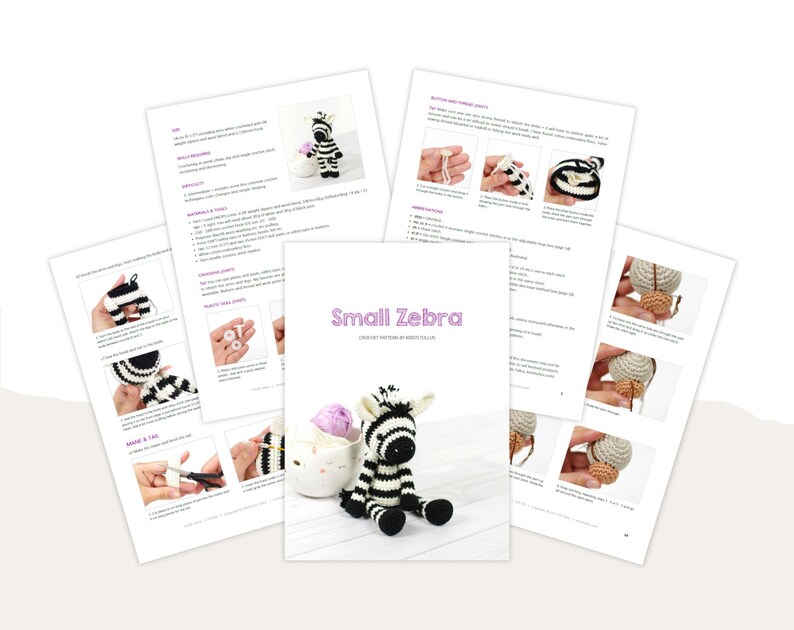 K&ouml;nnte beinhalten: Ein H&auml;kelmuster f&uuml;r ein kleines Zebra-Amigurumi-Spielzeug. Das Muster enth&auml;lt Anleitungen und Fotos zur Herstellung des Zebras, das schwarz-wei&szlig; mit einer rosa Nase ist. Das Muster tr&auml;gt den Titel "Kleines Zebra".