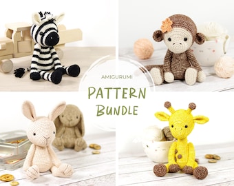 Crochet Pattern Bundle - Four Stuffed Amigurumi Animal Patterns - Zebra, Monkey, Bunny and Giraffe