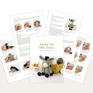 May include: A crochet pattern titled "Jackson The Small Donkey" with step-by-step instructions and images. The pattern is accompanied by a finished gray donkey toy with black accents, sitting next to a basket of yarn and a small yellow cup.