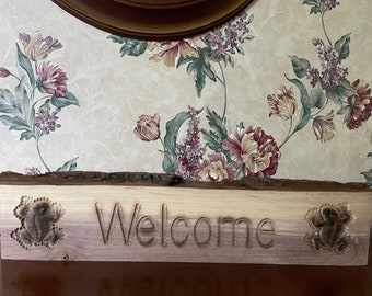 Welcome sign with 3D Frog Carvings / Shelf Sitter / (live edge walnut sign) Click listing for more images