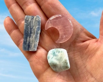 Meditation, Soothing Stones - (3) Healing Crystals - Larimar, Rose Quartz, Kyanite Gemstones