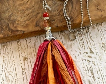 Sari Silk Tassel Necklace - Orange & Gold Mix Sari Tassel - Recycled Silk Tassel Jewelry