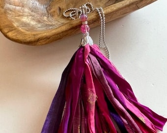 Sari Silk Tassel Necklace - Pink Magenta Mix Tassel - Recycled Sari Silk Tassel