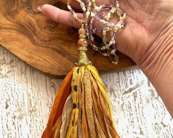 Long Gemstone Sari Tassel Necklace - Golden Sari Silk Tassel Necklace - Shades of Gold, 32" Boho Chic Tassel Necklace