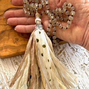Sari Silk Tassel Necklace - Hand Knotted Sari Tassel Necklace - Shades of Antique White & Beige, 34&quot; Boho Tassel Necklace
