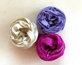 Recycled Sari Silk Ribbon - Sari Silk Ribbon - Antique White, Orchid Dot, Dark Pink -  5 Yards Each, 15 Yards Total