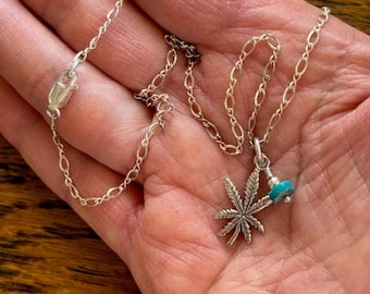 Silver & Turquoise Leaf Necklace - Sterling Silver Hemp Leaf Necklace With Turquoise