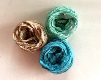 Sari Silk Ribbon - Recycled Silk Sari Ribbon - Khaki, Aqua, Ocean Blue, 5 Yds Each, 15 Yds Total