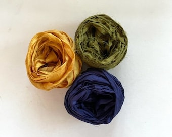 15 Yds Recycled Sari Silk Ribbon - Sari Silk Ribbon Yardage - Gold, Olive, Navy, 5 Yds Each, Sari Silk Fiber