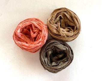 Sari Silk Ribbon - Recycled Silk Sari Ribbon - Peach, Khaki, Dark Olive, 5 Yds Each, 15 Yds Total