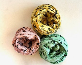 Recycled Silk Sari Ribbon - Sari Silk Ribbon Yardage - Pink, Yellow, Mint Dot, 5 Yds Each Color, 15 Yds Total