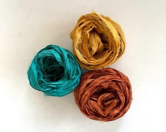 15 Yds Recycled Sari Silk Ribbon - Sari Silk Ribbon Yardage - Teal, Gold, Rust, 5 Yds Each, Sari Silk Fiber