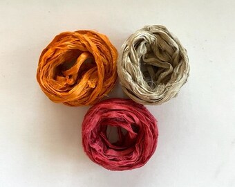 Recycled Sari Silk Ribbon - Silk Sari Ribbon - Orange, Khaki, Dark Red - 5 Yards Each, 15 Yards Total