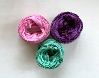 Recycled Sari Silk Ribbon - Silk Sari Ribbon -  Pink, Purple & Mint, 5 Yards Each, 15 Yards Total