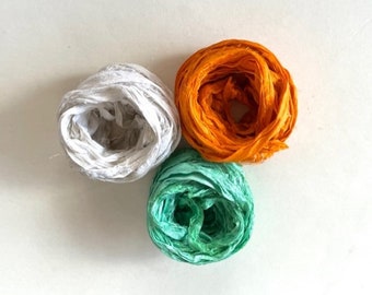 Sari Silk Ribbon - Recycled Silk Sari Ribbon - Antique White, Orange & Mint, 5 Yds Each, 15 Yds Total