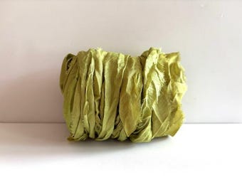 10 Yards Sari Silk Ribbon - Recycled Sari Silk Ribbon - Bright Olive Green Sari Ribbon