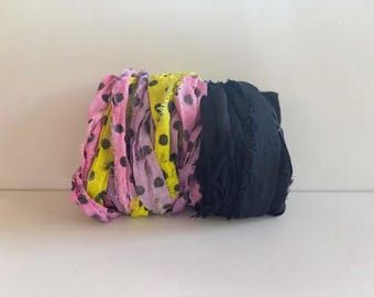 Sari Silk Ribbon - Recycled Sari Silk Ribbon - Tie Dye and Black, 5 Yds Each, 10 Yds Total