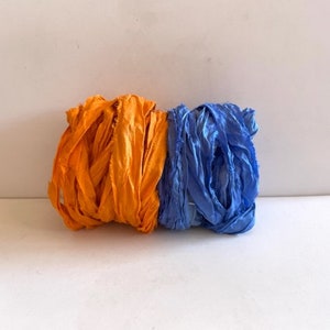 Silk Sari Ribbon - Recycled Sari Silk Ribbon - Royal Blue & Orange, 5 Yds Each, 10 Yds Total