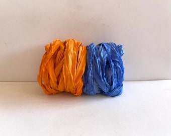 Silk Sari Ribbon - Recycled Sari Silk Ribbon - Royal Blue & Orange, 5 Yds Each, 10 Yds Total