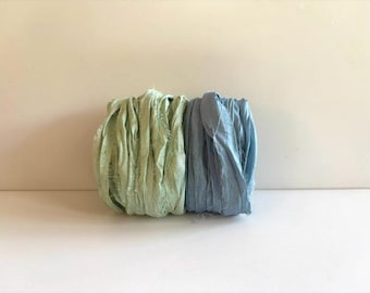 Sari Silk Ribbon - Recycled Sari Silk Ribbon - Seafoam & Blue, 5 Yds Each, 10 Yds Total, Weaving Ribbon