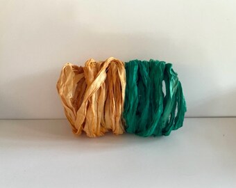 10 Yards Sari Silk Ribbon - Recycled Sari Silk Ribbon - Gold and Emerald, 5 Yards Each Color
