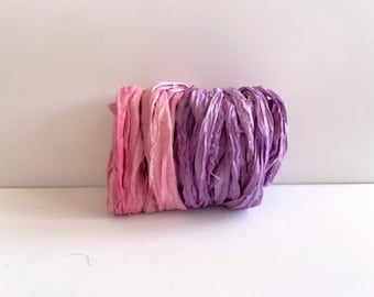 10 Yards Sari Silk Ribbon - Recycled Sari Silk Ribbon - Pink Ombre  & Orchid, 5 Yards Each Color