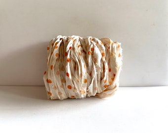 Recycled Sari Silk Ribbon - Silk Sari Ribbon - Cream With Orange Dots, 10 Yards