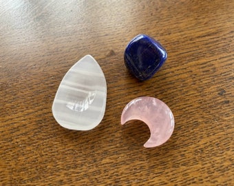 Meditation, Soothing Stones - (3) Healing Crystals - Quartz Palm Stone, Lapis Lazuli, Rose Quartz Gemstones