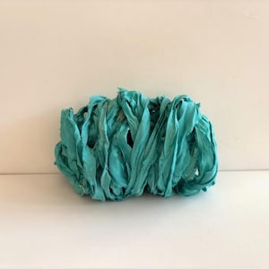 Chiffon Sari Silk - Recycled Sari Silk Ribbon - Dark Aqua Chiffon Sari Ribbon Yardage, 10 Yards