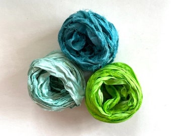 15 Yds Recycled Sari Silk Ribbon - Sari Silk Ribbon Yardage - Seafoam, Ocean Blue, Lime green, 5 Yds Each, Sari Silk Fiber