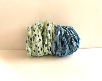 10 Yards Sari Silk Ribbon - Recycled Silk  Sari Ribbon - Mint Dot & Blue Dot, 5 Yards Each