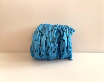Recycled Silk Sari Ribbon - Azure Blue Polka Dot Sari Silk Ribbon - 10 Yards Mixed Media Ribbon