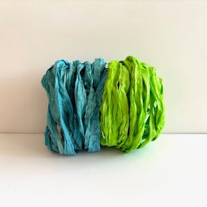 10 Yards Sari Silk Ribbon - Recycled Sari Silk Ribbon - Ocean Blue & Lime, 5 Yards Each Color