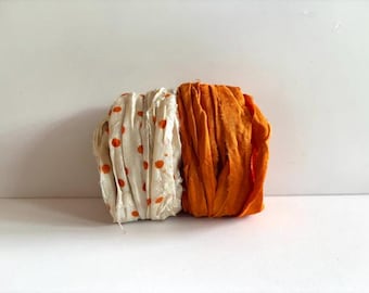 Sari Silk Ribbon Yardage - Recycled Sari Silk Ribbon - Cream With Orange Dots & Orange, 5 Yds Each, 10 Yds Total