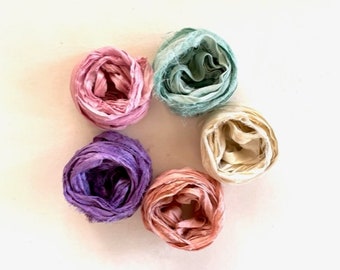 5 Color Sari Silk Sampler - Recycled Silk Sari Ribbon - 5 Multi Pastel Colors, 2 Yds Each, 10 Yds Total