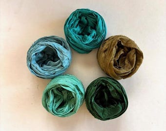 Silk Sari Ribbon - Recycled Sari Silk Ribbon - 5 Color Pack, Teal & Green, 2 Yds Each, 10 Yards Total Journaling Ribbon