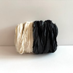 Recycled Sari Silk Ribbon - Sari Silk Ribbon - Antique White & Black, 5 Yds Each Color, 10 Yds Total