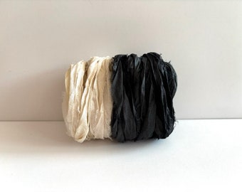 Recycled Sari Silk Ribbon - Sari Silk Ribbon - Antique White & Black, 5 Yds Each Color, 10 Yds Total
