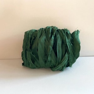Silk Sari Ribbon - Recycled Sari Silk Ribbon - Pine Green 10 Yards Journaling Ribbon