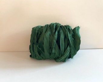 Silk Sari Ribbon - Recycled Sari Silk Ribbon - Pine Green 10 Yards Journaling Ribbon