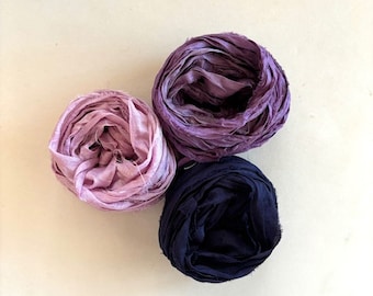 Sari Silk Ribbon - Recycled Silk Sari Ribbon - Iris, Grape, Navy, 5 Yds Each, 15 Yds Total